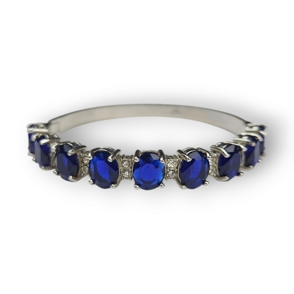Rhinestone Stainless Steel Cuff Bracelet Bangle Deep Blue Silver Tone ~7 5/8"